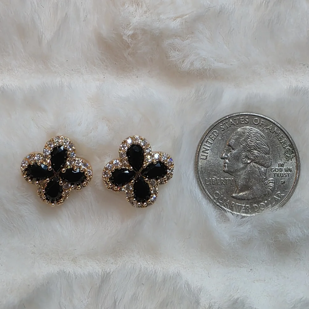 Gold-Trim Black Crystal Clover Stud Earrings